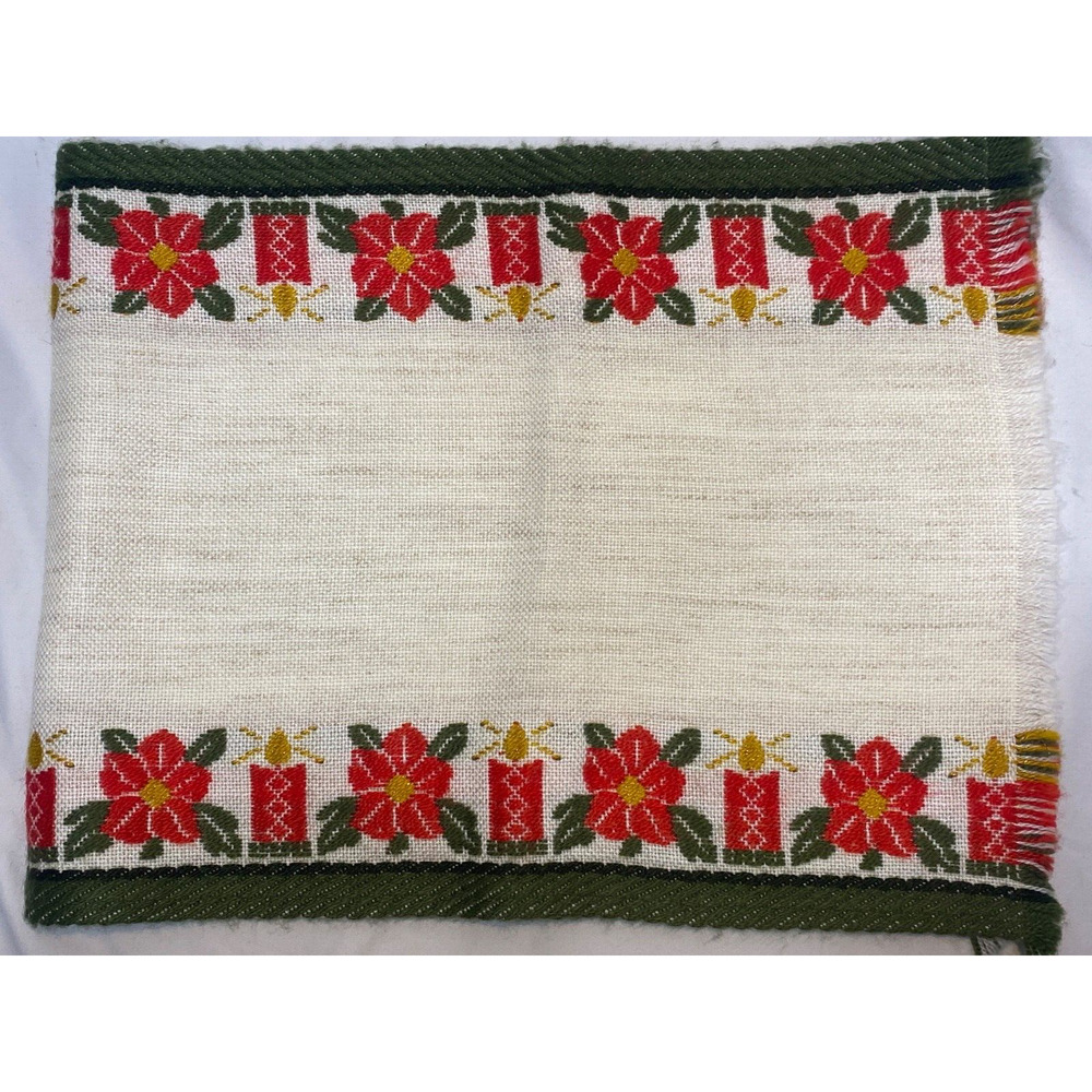 Vtg Woven German Style Table Runner Xmas Poinsettia Candles Fringes 15x19.5"